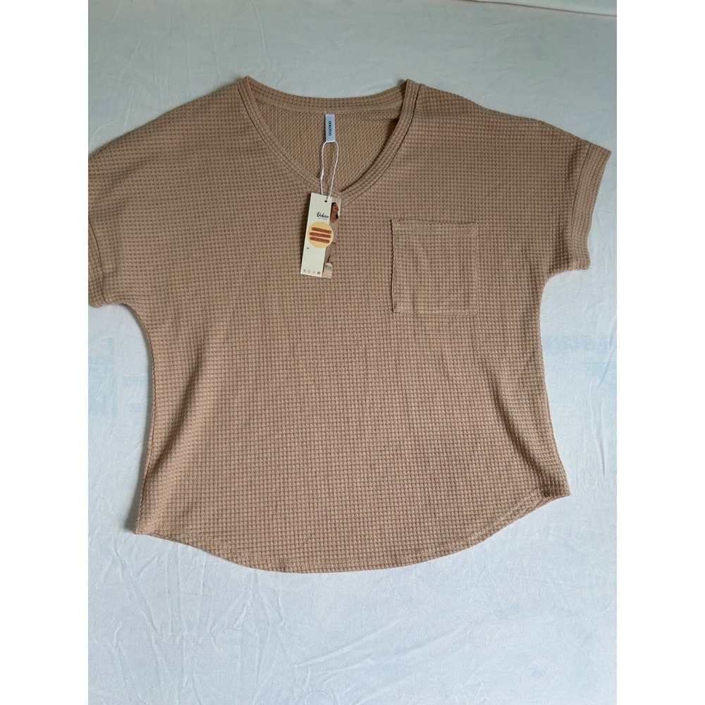 Dokotoo Tan Waffle Knit‎ V-Neck Short Sleeve Pocket Top Shirt